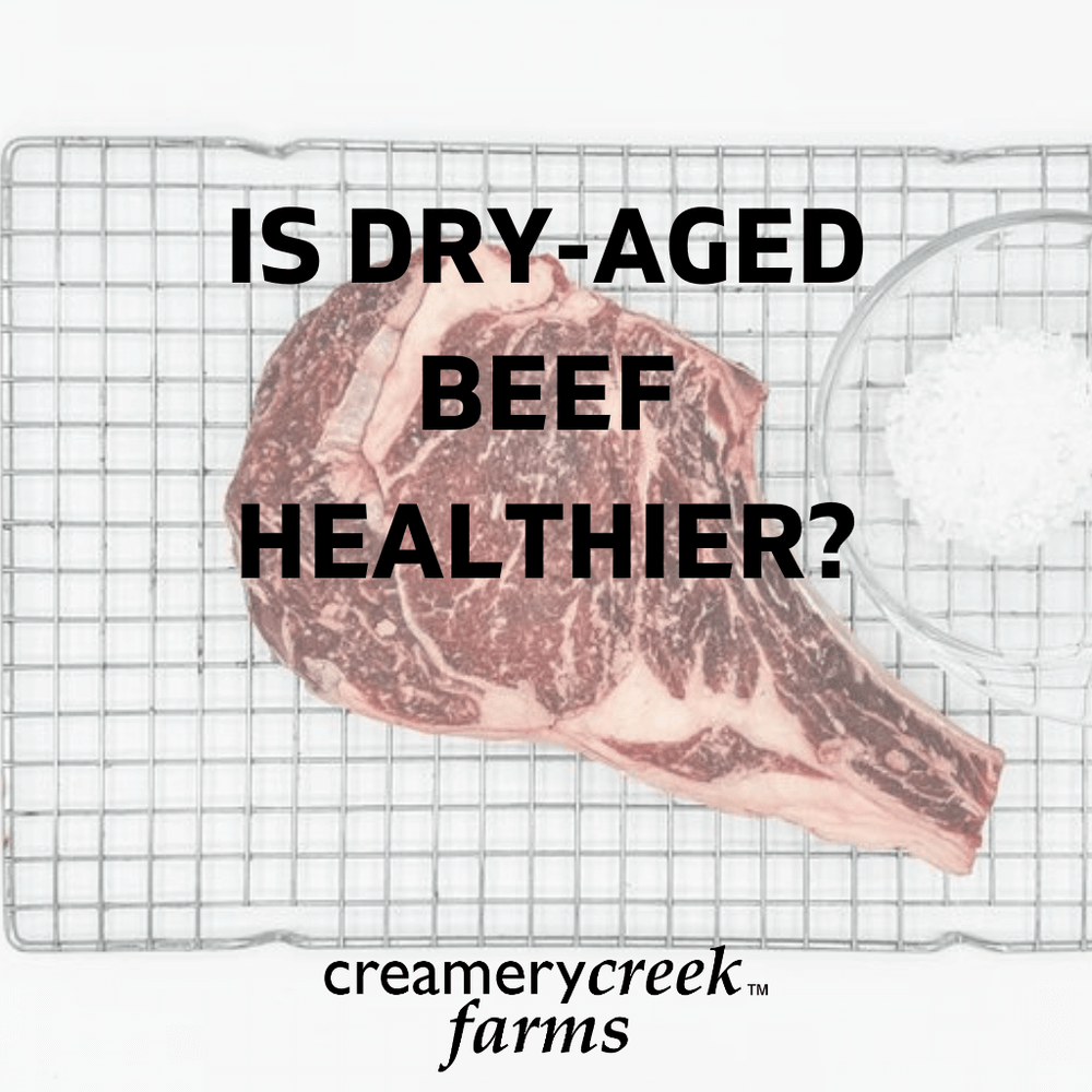 steak on a racks with salt and an overlay of the words "Is dry-aged beef healthier?"