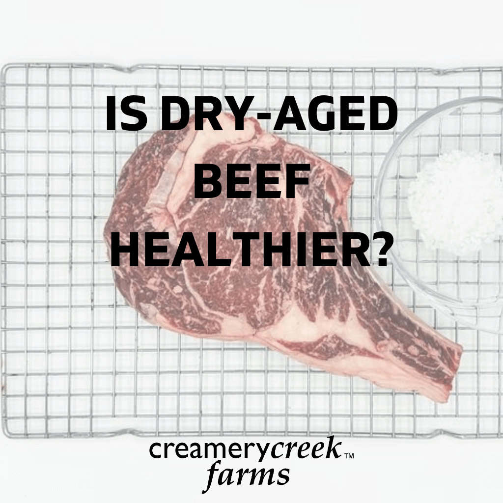 steak on a racks with salt and an overlay of the words "Is dry-aged beef healthier?"