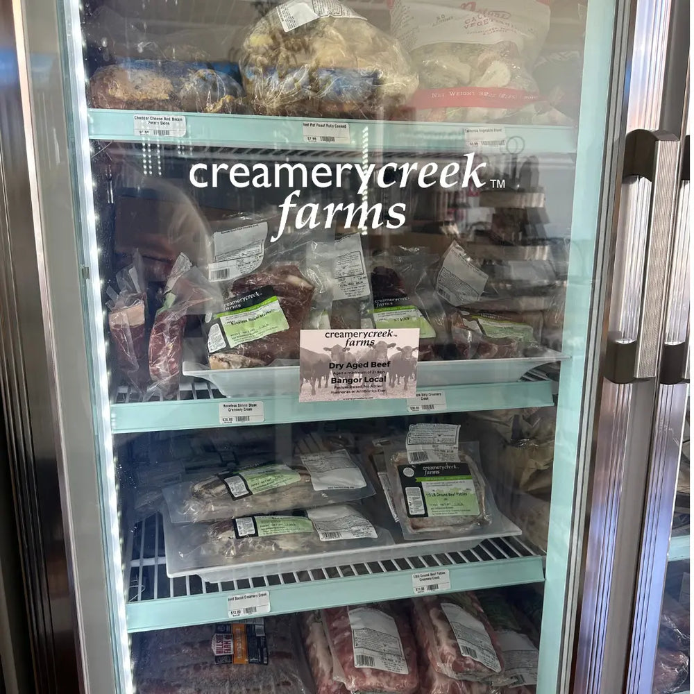 Creamery Creek Beef in a glass front freezer