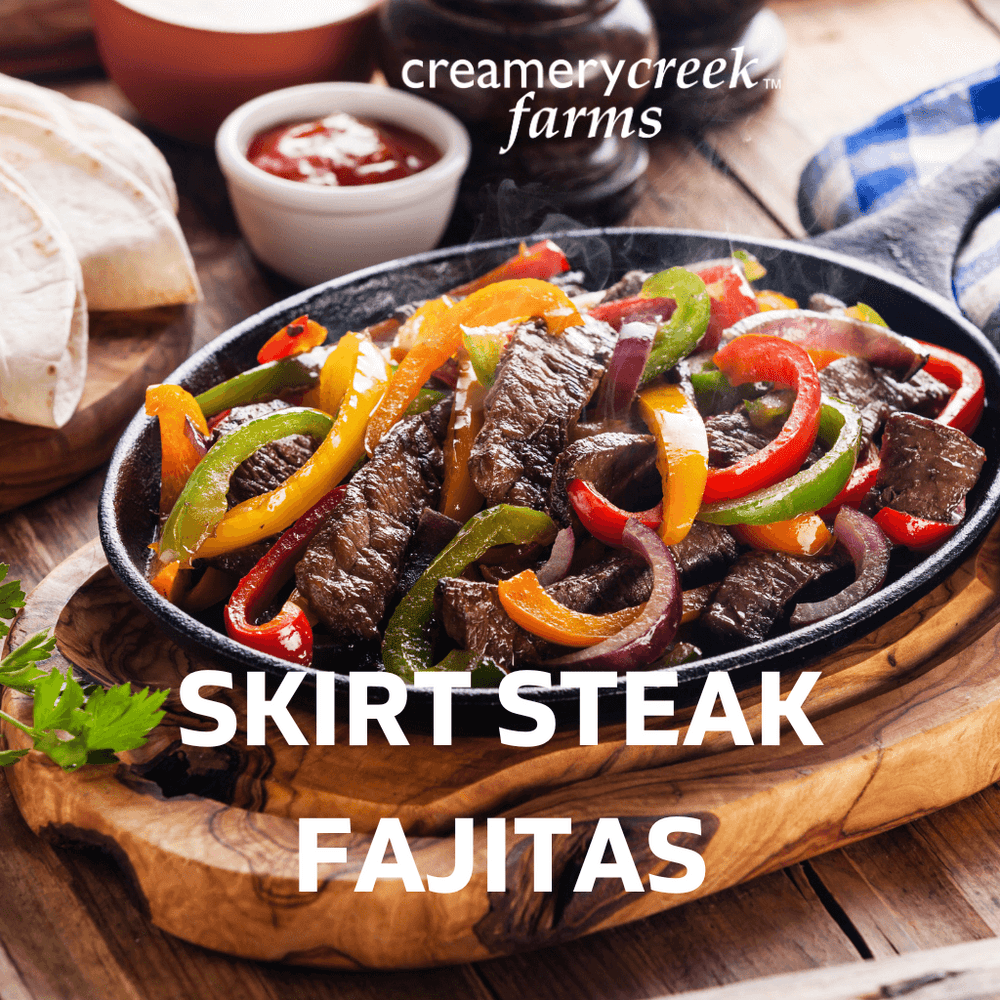 skirt steak fajitas well plated on a cast iron pan