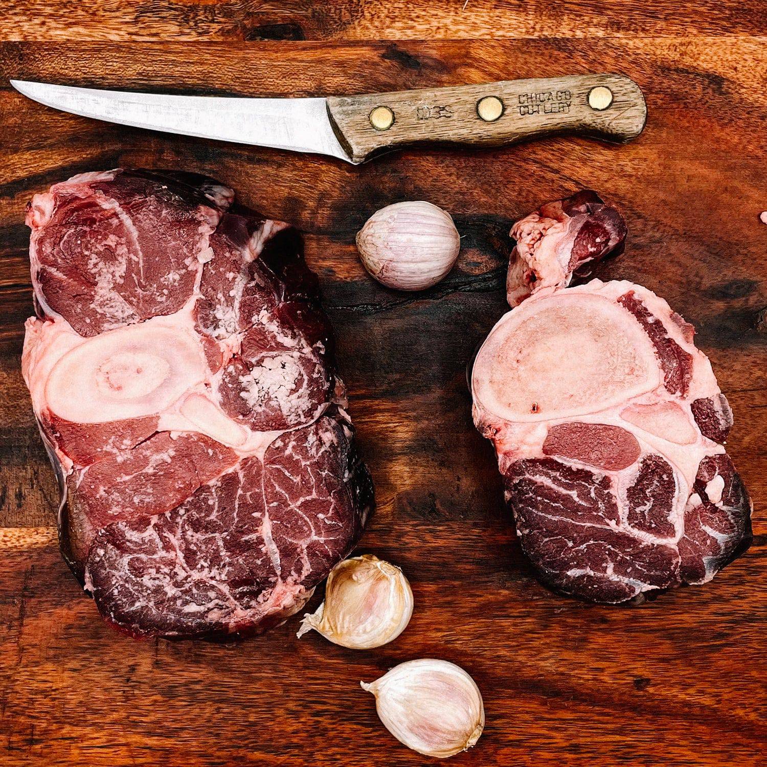 Creamery Creek Farms Beef Shank Bones by garlic and knife