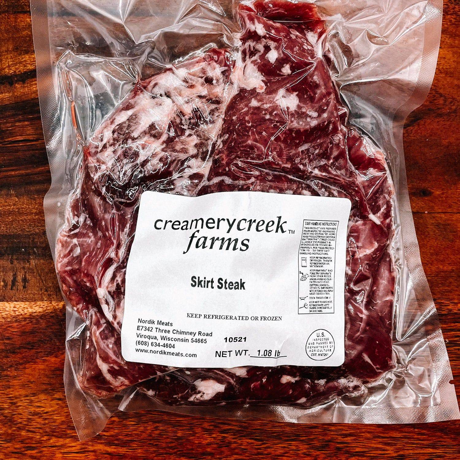 Dry Aged Beef Skirt Steak from Creamery Creek Farms in packaging