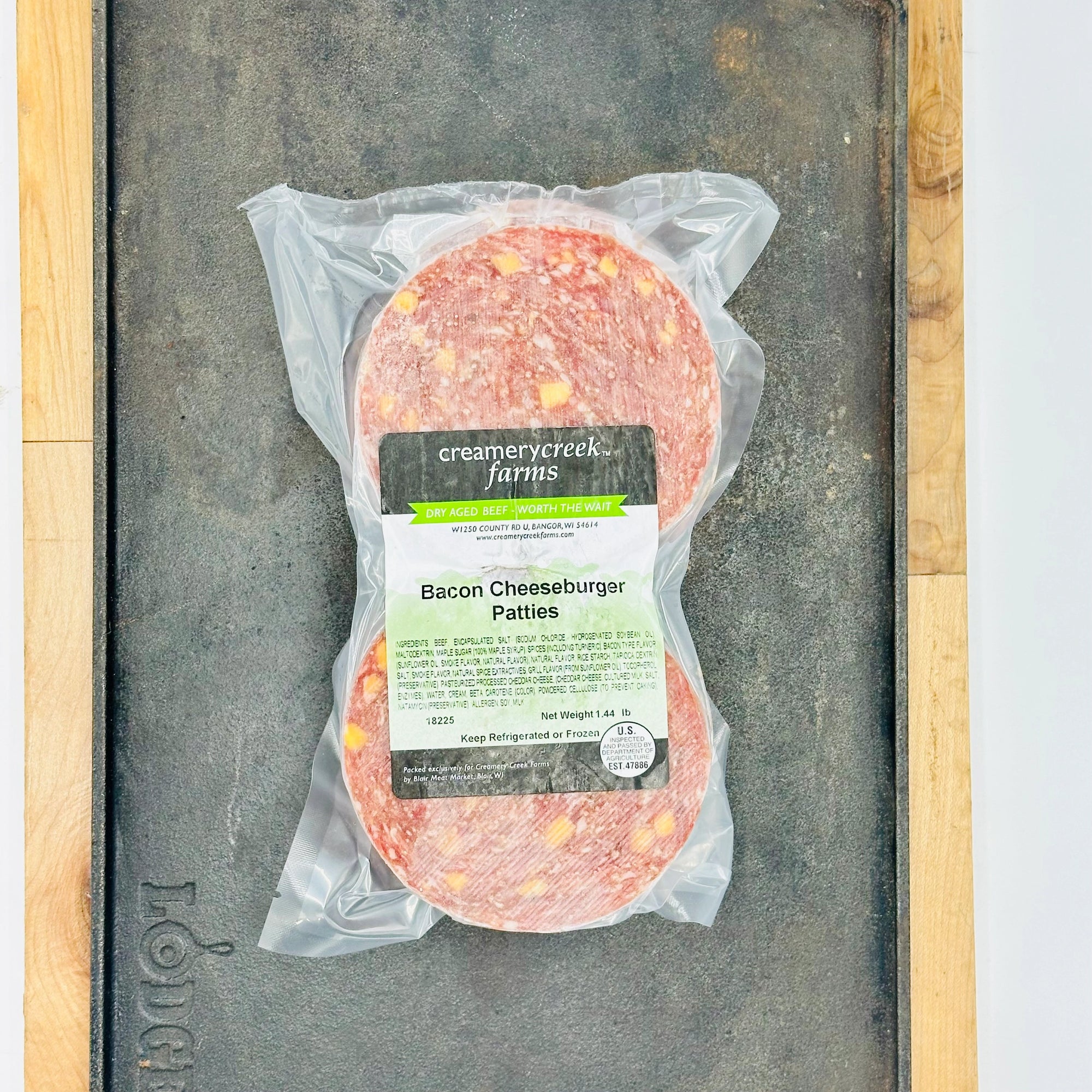 dry aged beef bacon cheeseburge patties label