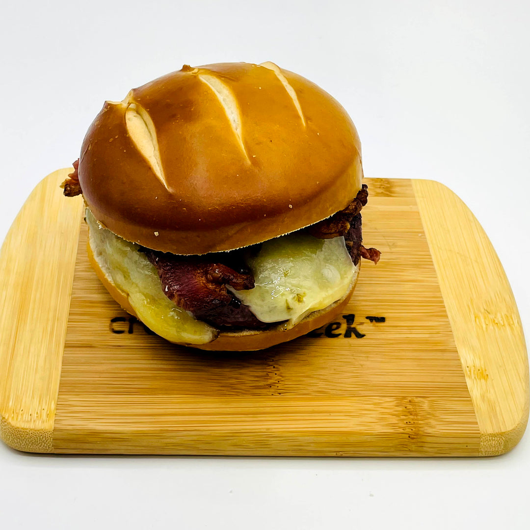 Creamery Creek German Burger on a Pretzel Bun