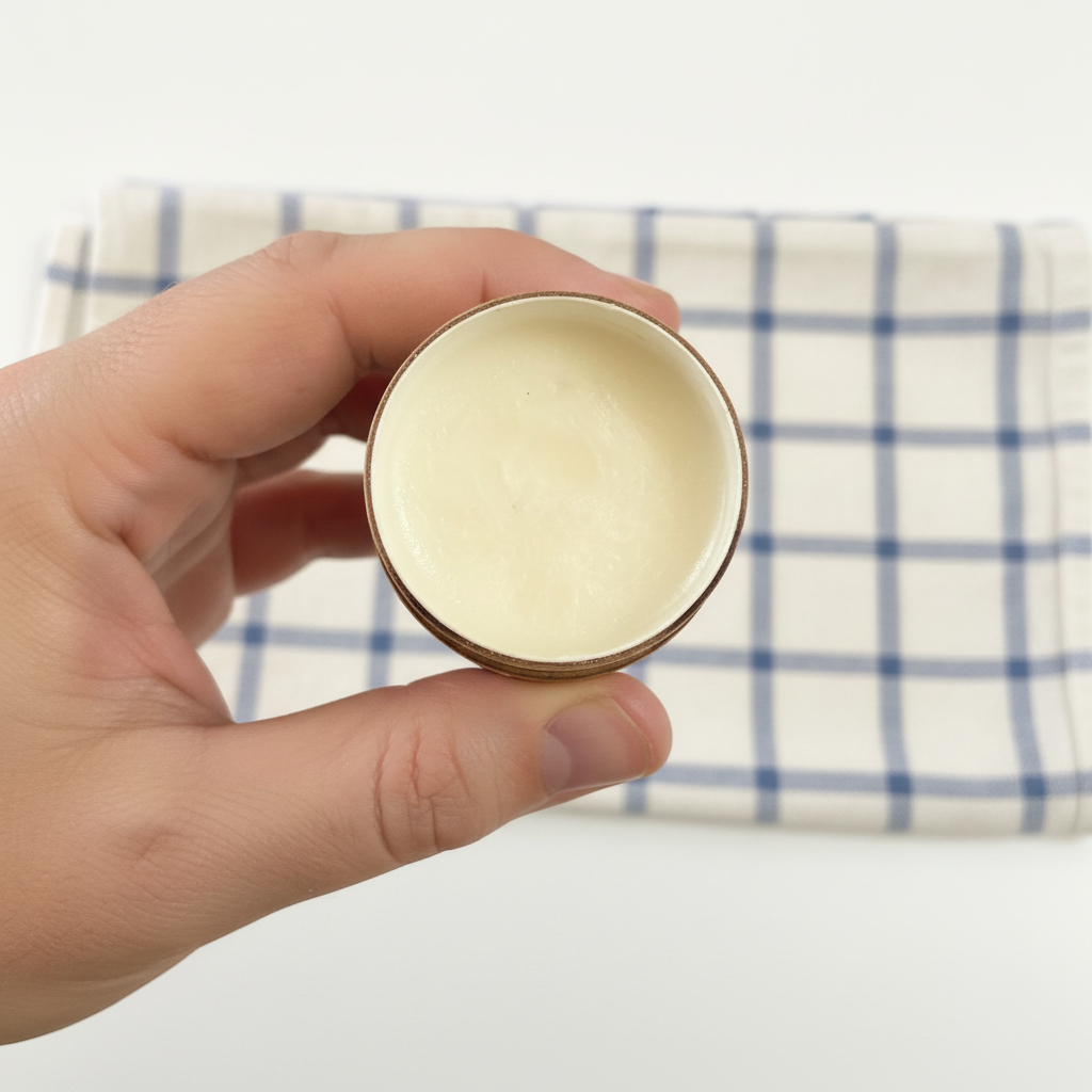 Hand holding a small round container with a checkered cloth in the background