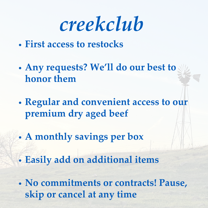 Promotional text for creekclub with a blue background and white text.