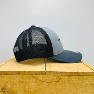 Grey trucker hat side profile
