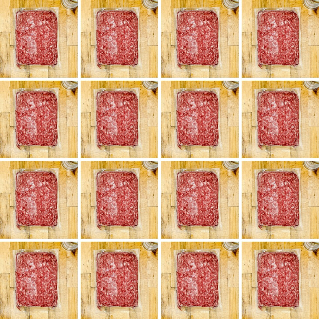 Grid of images showing ground meat on a wooden cutting board.