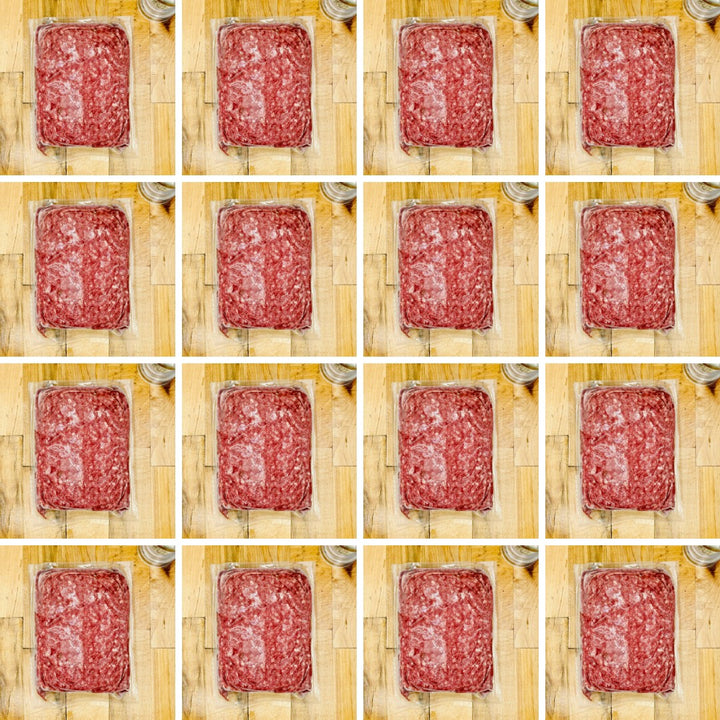 Grid of images showing ground meat on a wooden cutting board.