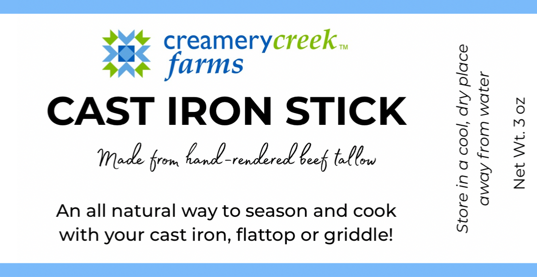 Cast iron seasoning stick packaging with Creamery Creek Farms logo on a blue background