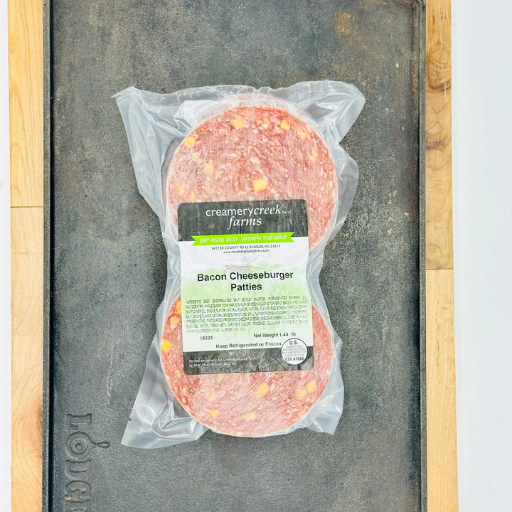 dry aged beef bacon cheeseburge patties label