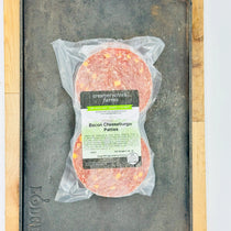 dry aged beef bacon cheeseburge patties label
