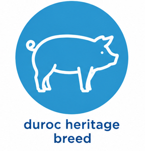 A blue circular graphic with a white line drawing of a pig above the text 'duroc heritage breed' on a white background.