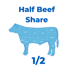 Diagram of a cow with labeled cuts and text 'Half Beef Share' on a white background