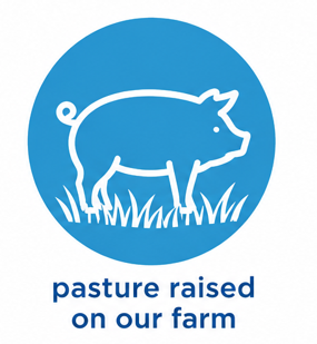 A blue circular logo featuring a white line drawing of a pig standing in grass, with the text 'pasture raised on our farm' below on a white background.