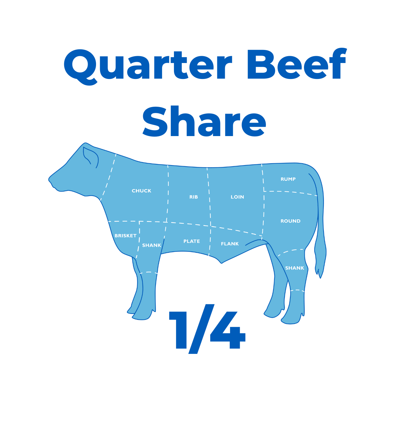 Diagram of a cow with labeled beef cuts and 'Quarter Beef Share' text on a white background