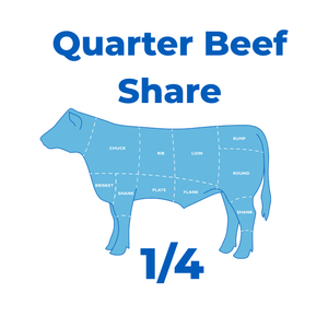 Diagram of a cow with labeled beef cuts and 'Quarter Beef Share' text on a white background