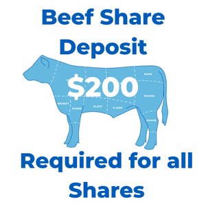 Blue cow illustration with text about beef share deposit on a white background