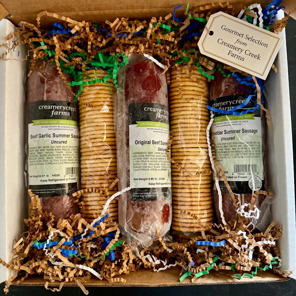 A gift box from Creamery Creek Farms containing four beef sausages in clear plastic wrap with paper labels, surrounded by brown paper shred and green/blue shredded filler. Visible products include Beef Garlic Summer Sausage, Original Beef Sausage, and Uncured Beef Summer Sausage.