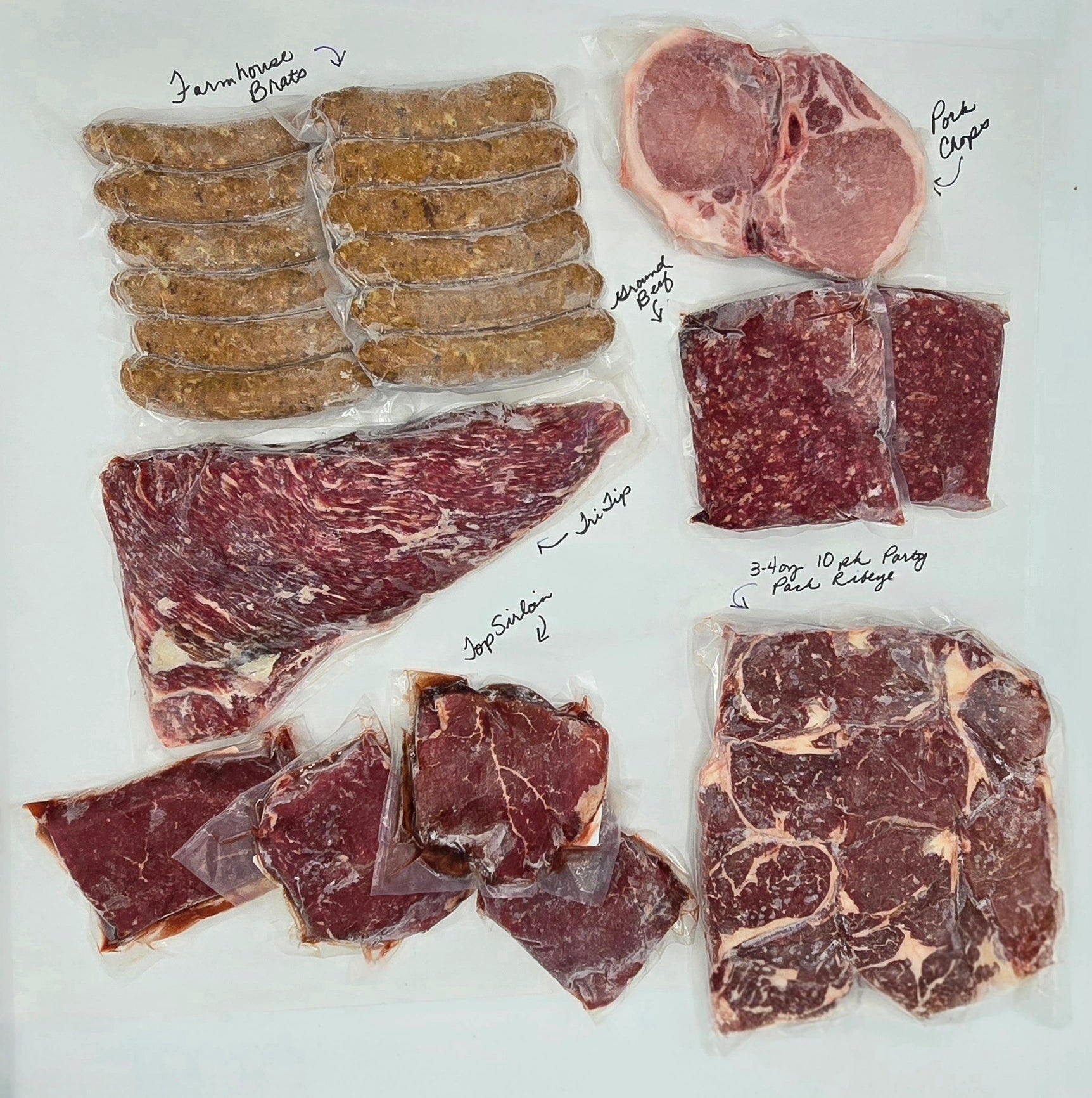 Assorted raw meat packages on a white background with labels.