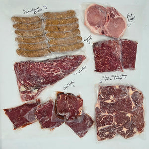 Assorted raw meat packages on a white background with labels.