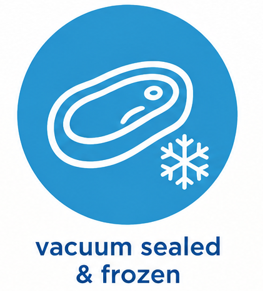 Blue circular icon with a white outline of a sealed package and a snowflake, above the text 'vacuum sealed & frozen' on a white background.