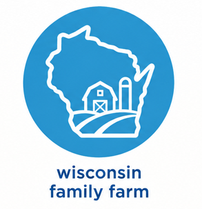 A circular blue logo with a white outline of the state of Wisconsin and a small farm illustration, with the text 'wisconsin family farm' below on a white background.